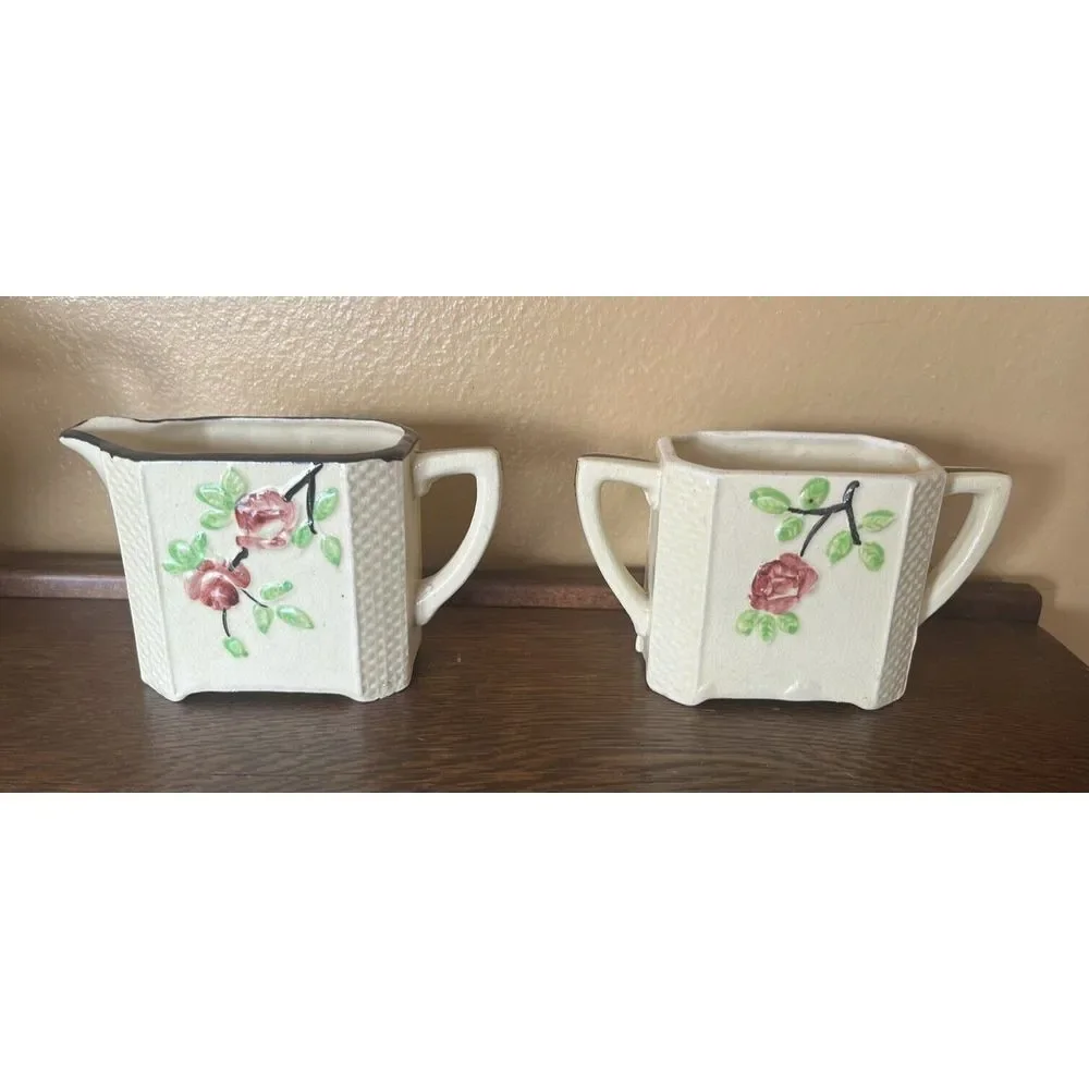 Vtg‎ Moriyama Japan Basketweave Majolica Floral Tea Pot Set Cream Sugar Japan